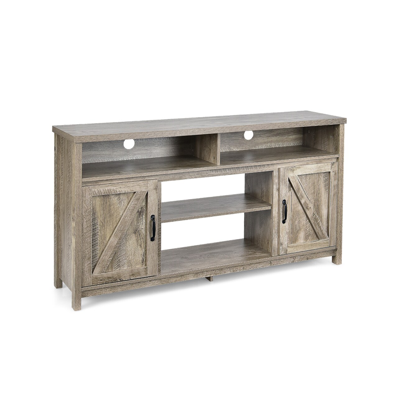 Natural Engineered Wood TV Stand with Shelves, Cabinets and Cable Management